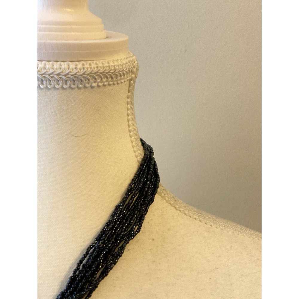 Black Seed Bead Shell Pendant Necklace Gray Mother of Pearl Multi Strand Starts - Picture 5 of 8